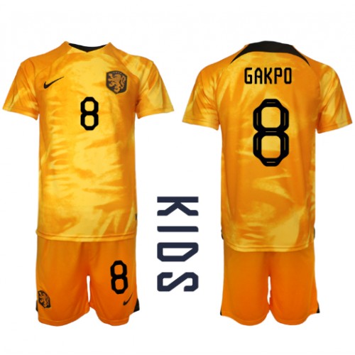 Dres Nizozemska Cody Gakpo #8 Domaci za djecu SP 2022 Kratak Rukav (+ kratke hlače)